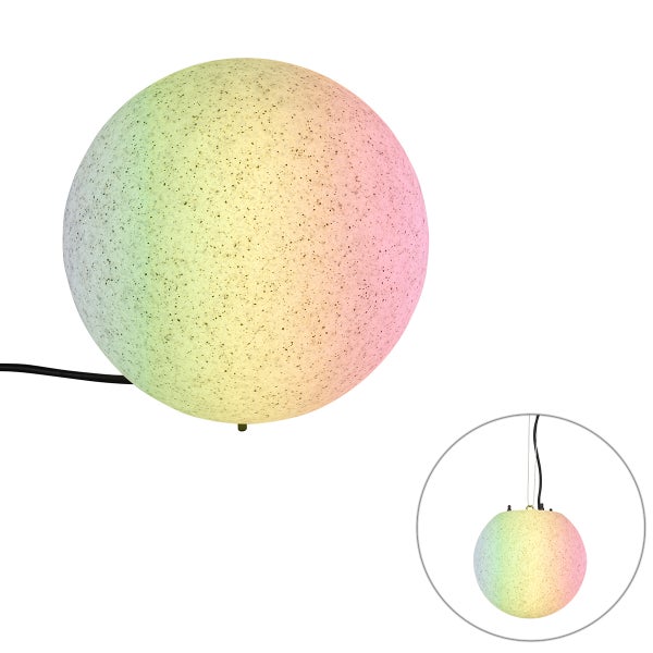 Kugelleuchte in Steinoptik mit Regenbogen-Farbverlauf, als Steh- oder Hängelampe verwendbar.