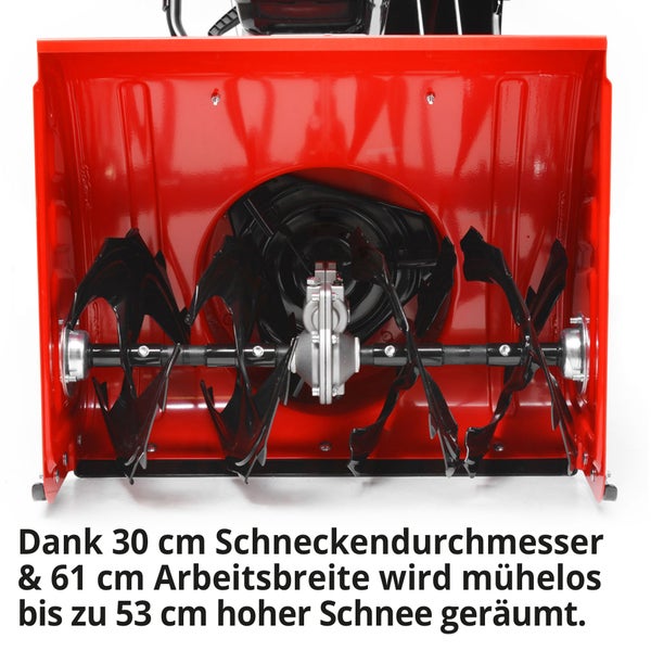 Schneefräse mit rot lackiertem Gehäuse und schwarzer Fräswalze.