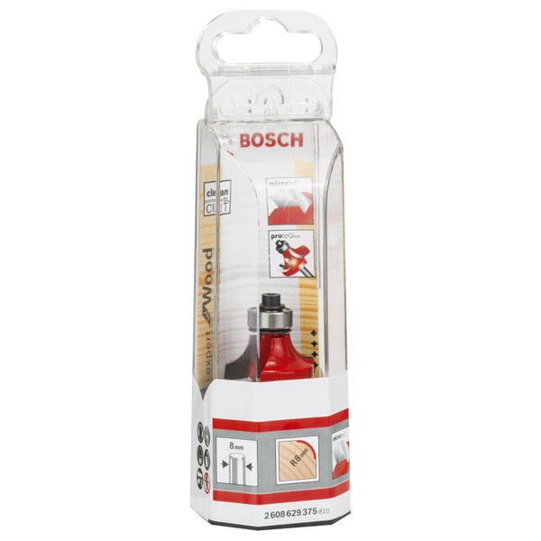 Roter Bosch Abrundfräser Expert for Wood in Verpackung, Schaft 8 Millimeter, Radius 8 Millimeter, Bosch Logo.