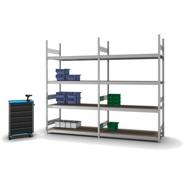 PROREGAL Weitspannregal Stecksystem T-Profil Grundregal HxBxT 250x150x60 cm 4 Ebenen Spanplatten Fachboden Fachlast 350 kg Verzinkt