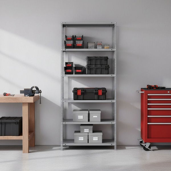 Graues Metallregal in einer hellen Werkstatt zwischen einer hölzernen Werkbank und einem roten Werkzeugwagen, bestückt mit diversen Aufbewahrungsboxen.