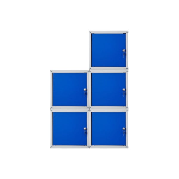 Modularer Schließfachschrank aus Metall mit fünf Fächern, blauen Türen und Zylinderschlössern inklusive Schlüsseln.