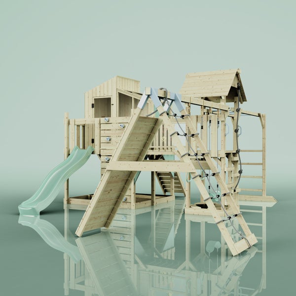 Spielturm aus Holz mit Rutsche, Kletterwand und Seilleiter