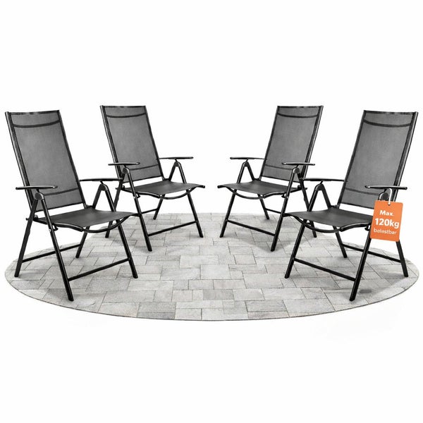 Set mit vier klappbaren Gartenstühlen aus Metall mit einer maximalen Belastbarkeit von 120 Kilogramm pro Stuhl.