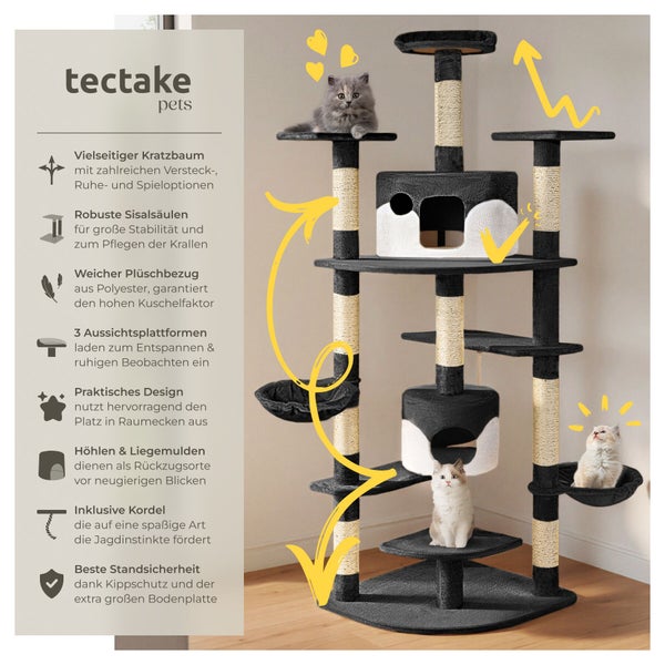Mehrstöckiger Kratzbaum mit Sisalsäulen, Liegemulden und Katzen