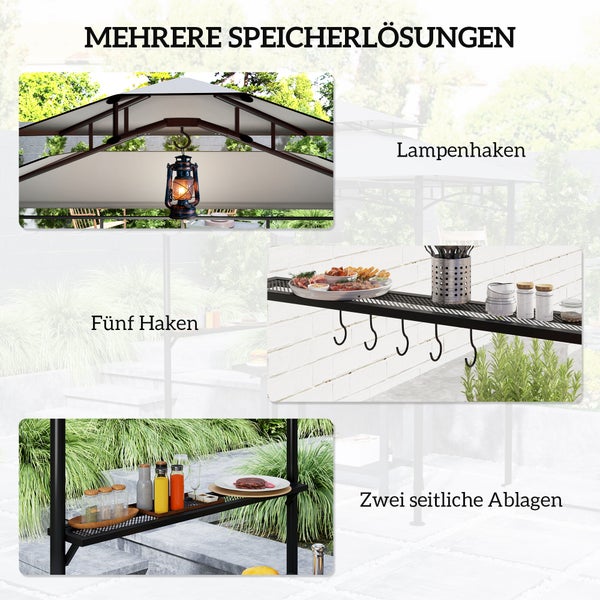 Grillpavillon mit integriertem Lampenhaken, fünf Haken für Zubehör und zwei seitlichen Ablagen für Speisen und Grillutensilien.