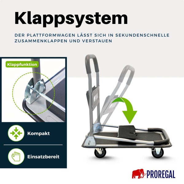 Zusammenklappbarer Plattformwagen aus Metall mit Detailansicht der Klappfunktion und Proregal Logo.