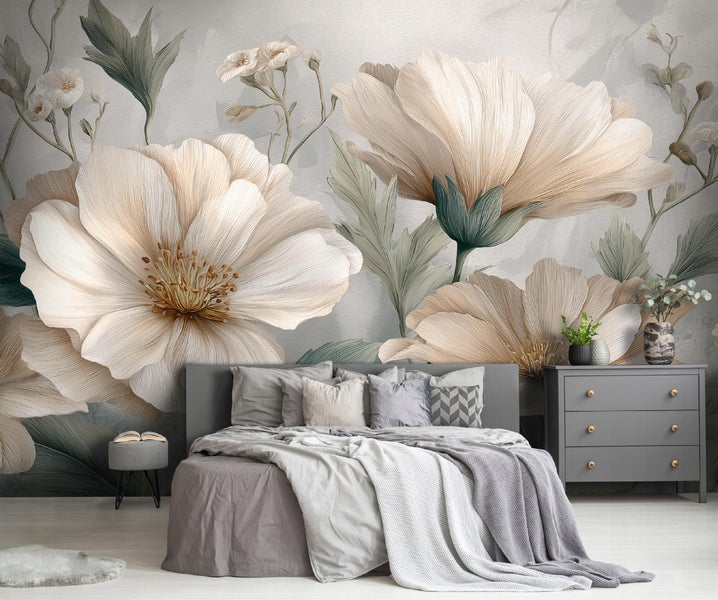 Schlafzimmer mit einer Wandtapete mit großem floralem Motiv mit Blumen und Blättern, grauem Bett und Kommode in einem modernen Ambiente.
