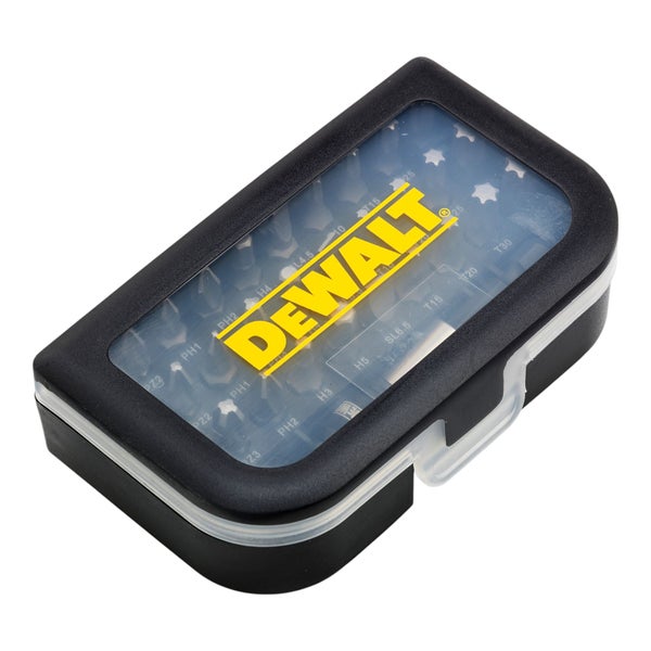 DeWalt Bit-Set in Kunststoffbox mit transparentem Deckel und DeWalt Logo