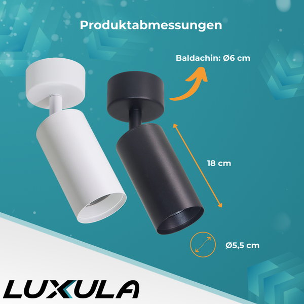 Produktabmessungen von zwei Strahlern in Weiß und Schwarz, mit Größenangaben