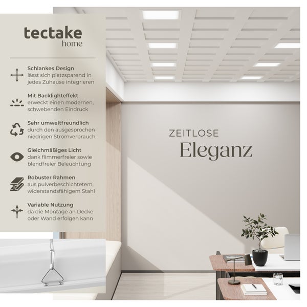 tectake Home Deckenleuchten-Szene mit Textinformationen zu Design, Backlighteffekt, Umweltfreundlichkeit, Lichtqualität, robustem Rahmen und variabler Nutzung.