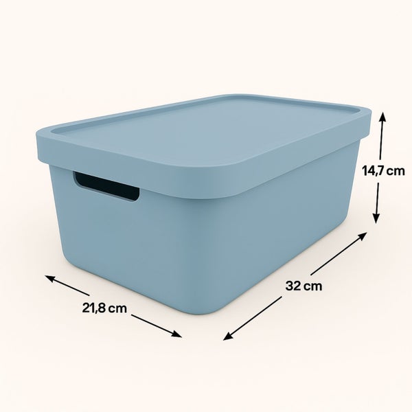Aufbewahrungsbox aus Kunststoff mit Deckel und den Maßen 14,7 cm x 32 cm x 21,8 cm.