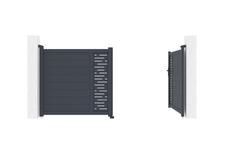 Zweiflügeliges Einfahrtstor aus Aluminium mit horizontalen Paneelen und Dekorelement, montiert an zwei Pfosten.