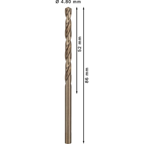 Metallbohrer mit einem Durchmesser von 4,80 mm und einer Länge von 86 mm.