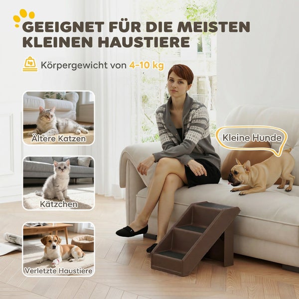 Helle Wohnzimmerszene mit einer Tiertreppe aus Kunststoff für Hunde und Katzen von 4 bis 10 Kilogramm. Ideal für ältere, junge oder verletzte Tiere.