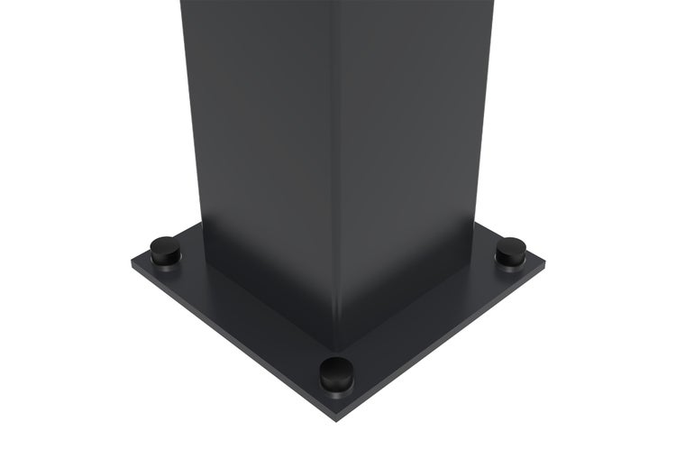 Pfostenfuß aus Metall mit quadratischer Grundplatte und Abdeckkappen für Schrauben.