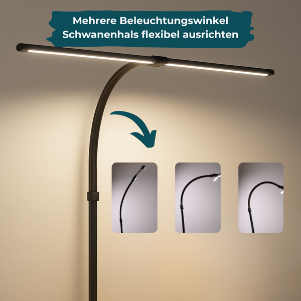 LED Stehlampe mit flexiblem Schwanenhals für verschiedene Beleuchtungswinkel und schwenkbarem Lichtbalken.