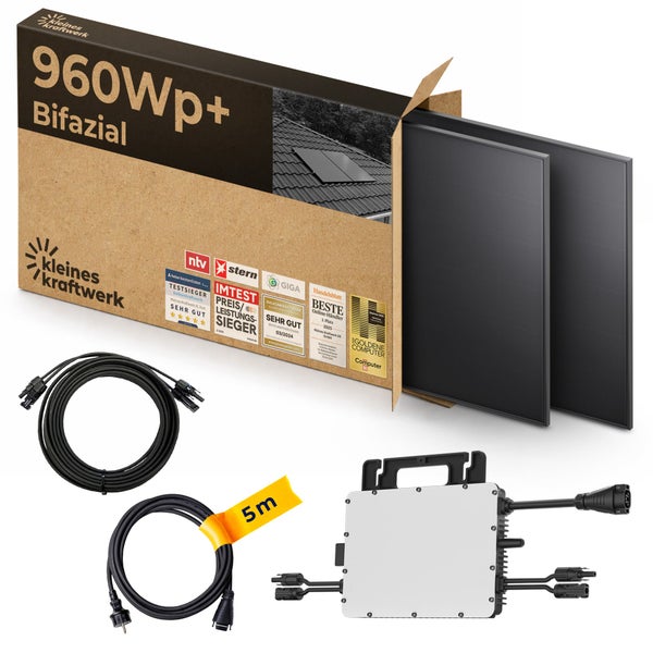 Balkonkraftwerk Kleines Kraftwerk 960 Watt Peak bifazial mit zwei Solarmodulen, Wechselrichter und 5 Meter Kabel.
