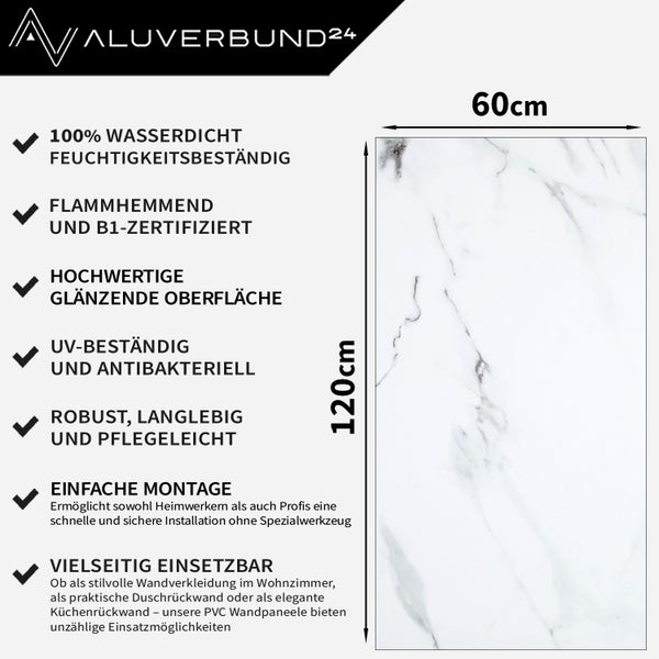 Aluverbund24 Logo. Paneel mit Marmoroptik, 120 x 60 cm, wasserdicht, feuchtigkeitsbeständig, schwer entflammbar, B1-Zertifizierung, glänzende Oberfläche, UV-beständig, antibakteriell, robust, langlebig, pflegeleicht, einfache Montage, vielseitig einsetzbar.