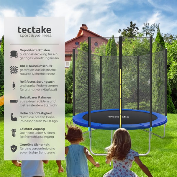Blaues Trampolin mit Sicherheitsnetz im Garten