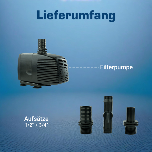 Lieferumfang einer schwarzen Filterpumpe mit drei Aufsätzen in den Größen ein halb Zoll und drei viertel Zoll.