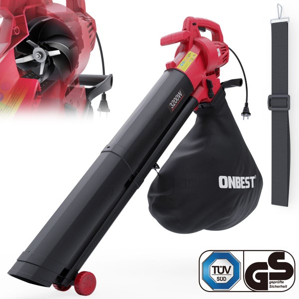 Elektrischer Laubbläser und Laubsauger 3200 Watt mit Fangsack, Schultergurt, Häckselfunktion, TÜV SÜD Zertifikat und Geprüfte Sicherheit Siegel.
