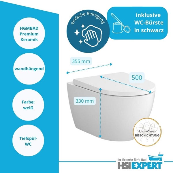 Wandhängendes Tiefspül WC aus Premium Keramik mit LotusClean Beschichtung inklusive WC-Bürste, Maße 355 x 500 x 330 Millimeter