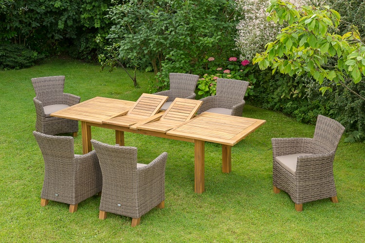 Toskana Gartenmöbelset 7tlg., Gartensessel inkl. Auflagen, Doppelausziehtisch 180 (220/260) x 100 cm, natur