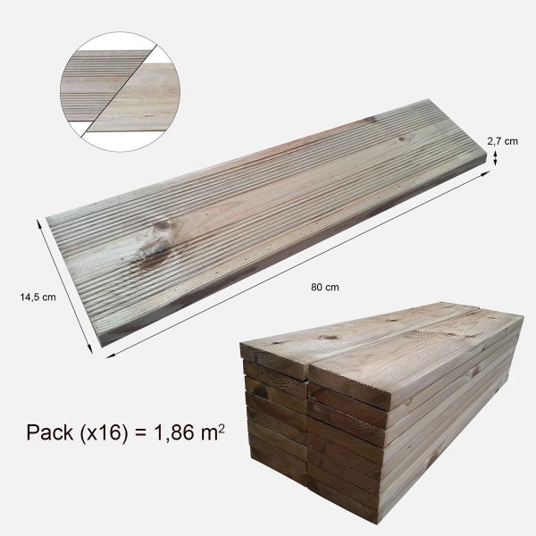 Holzterrasse Diele, Abmessungen 80 cm x 14,5 cm x 2,7 cm, Pack mit 16 Stück = 1,86 m²