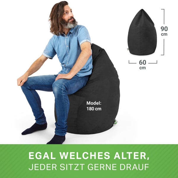 Green Bean Sitzsack mit Rückenlehne 60x60x90cm - Indoor Sitzkissen 220L Füllung Kuschelig Waschbar - Bean Bag Bodenkissen Lounge Chair Sitzhocker - Schwarz