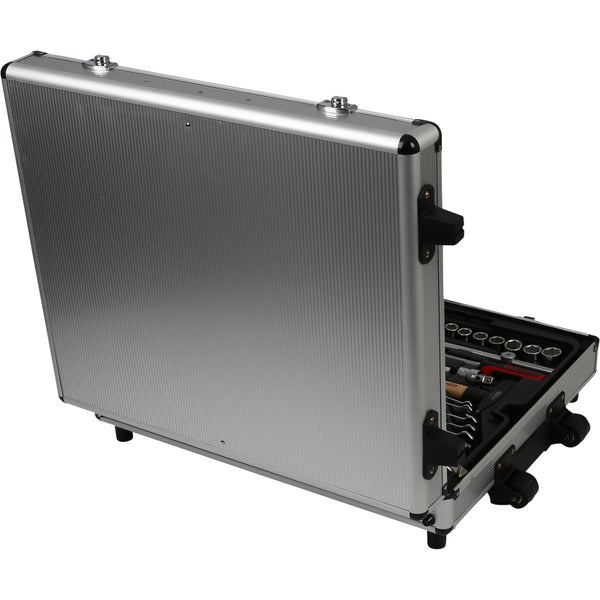 Offener Werkzeugkoffer aus Aluminium mit Werkzeugen