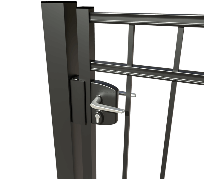 Detailansicht eines Gartentors mit Schloss und Griff