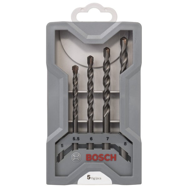 Bosch Logo. Set mit fünf Steinbohrern in grauer Verpackung mit Größenangaben.