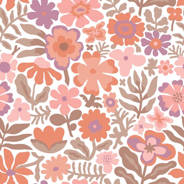 Stilisiertes Blumenmuster mit verschiedenen Blüten und Blättern im Retro-Stil.