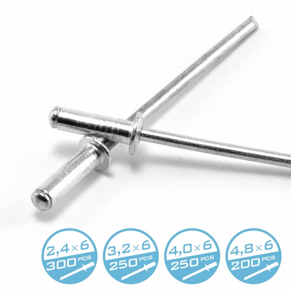 Blindnieten aus Metall in den Größen 2,4 mal 6, 3,2 mal 6, 4,0 mal 6 und 4,8 mal 6 Millimeter mit 200 bis 300 Stück pro Packung.