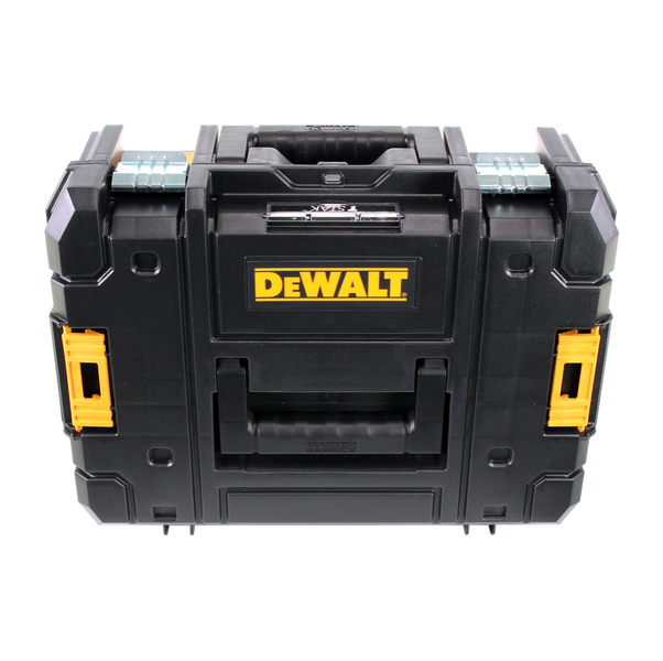DeWALT Werkzeugbox TSTAK aus schwarzem Kunststoff mit Tragegriff und gelbem DeWALT Logo.