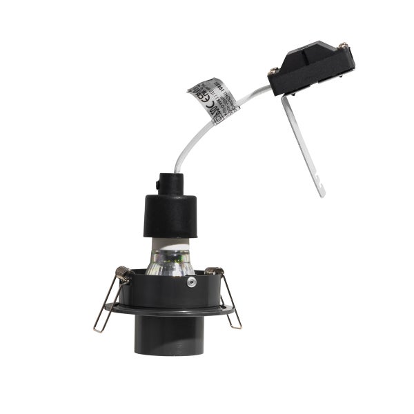 Einbaustrahler mit Leuchtmittel, schwarzes Gehäuse, inklusive Anschlussdose und seitlichen Montagefedern.