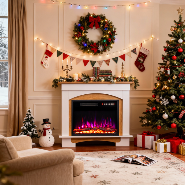 Weihnachtlich dekoriertes Wohnzimmer mit elektrischem Kamin, Weihnachtsbaum und festlicher Dekoration