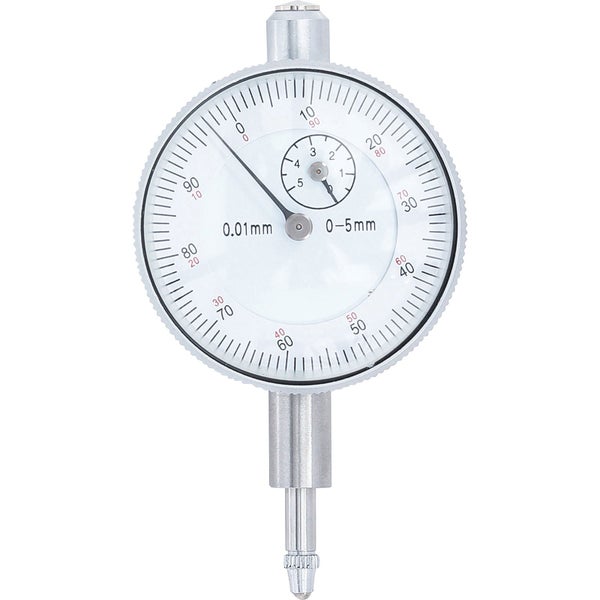 Messuhr mit einem Messbereich von 0 bis 5 Millimeter und einer Ablesegenauigkeit von 0,01 Millimeter.