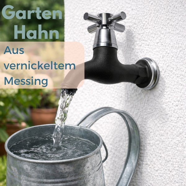 Gartenszene mit Wasserhahn aus vernickeltem Messing und einer Gießkanne, die mit Wasser befüllt wird.