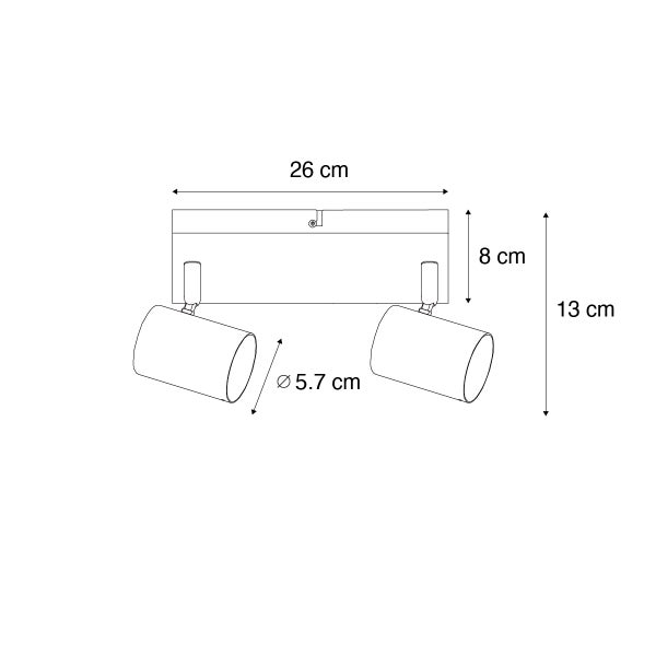 Technische Zeichnung einer 2-flammigen Aufbaulampe mit den Maßen 26 cm Breite, 8 cm Höhe, 13 cm Tiefe und einem Lampendurchmesser von 5,7 cm.