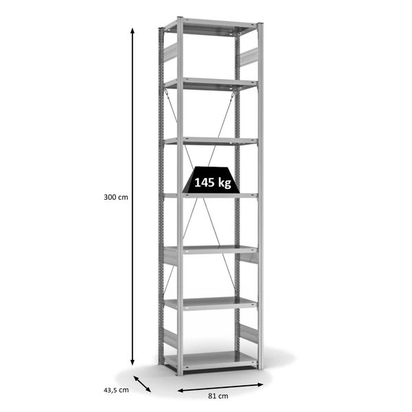 PROREGAL Fachbodenregal Stecksystem T-Profil Light-Duty Grundregal HxBxT 300 x 75 x 40 cm 7 Ebenen Fachlast 145 kg Einseitig Nutzbar Verzinkt
