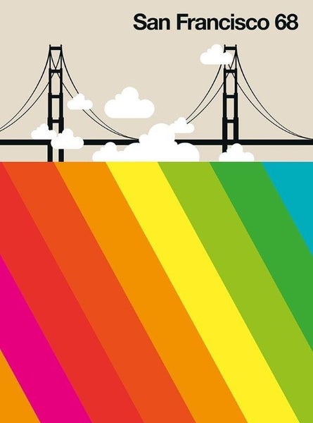 Grafik-Poster mit Illustration der Golden Gate Bridge, Text San Francisco 68 und diagonalen Streifen.