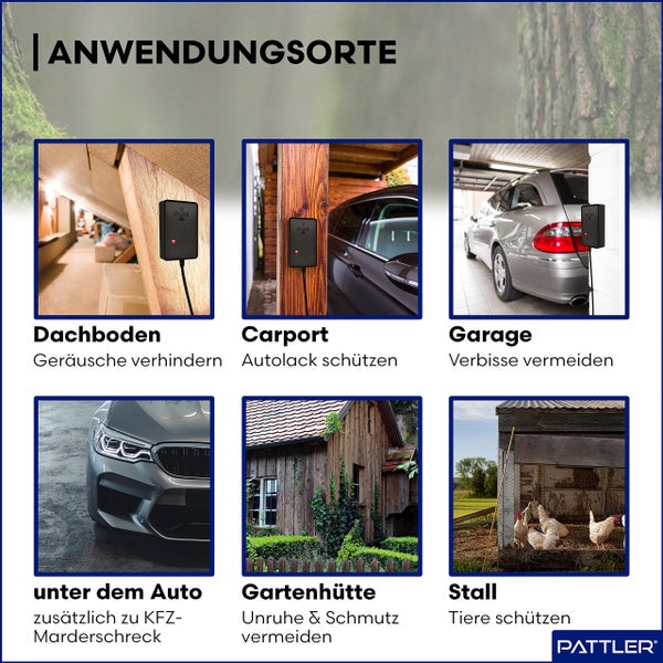 PATTLER ® Marderschreck mit Stecker - für 60m² | Marderschreck für Dachboden, Haus, Garten, Garage | Anschluss an Steckdose | Marderabwehr Dachboden mit Ultraschall