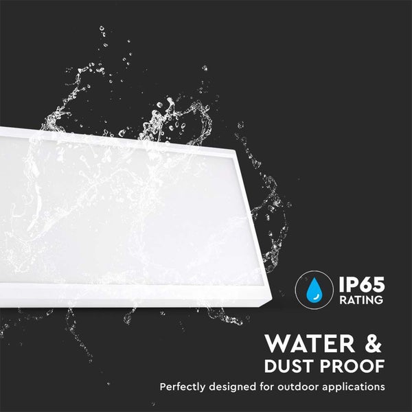 Rechteckiges LED-Panel mit Wasserspritzern, Schutzart IP65, wasserdicht und staubdicht, für den Außenbereich geeignet.