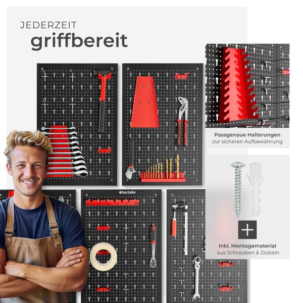 Werkzeuglochwand tectake Jonah Belastbarkeit 4 kg pro Platte fünfteilig schwarz/rot