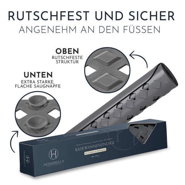Homerella Badewannenmatte rutschfest Hautsensitiv 88x39cm, INKL. AUFHÄNGUNG | Antirutschmatte Badewanne BPA frei | Duschmatte schimmelresistent & maschinenwaschbar | Badematte rutschfest