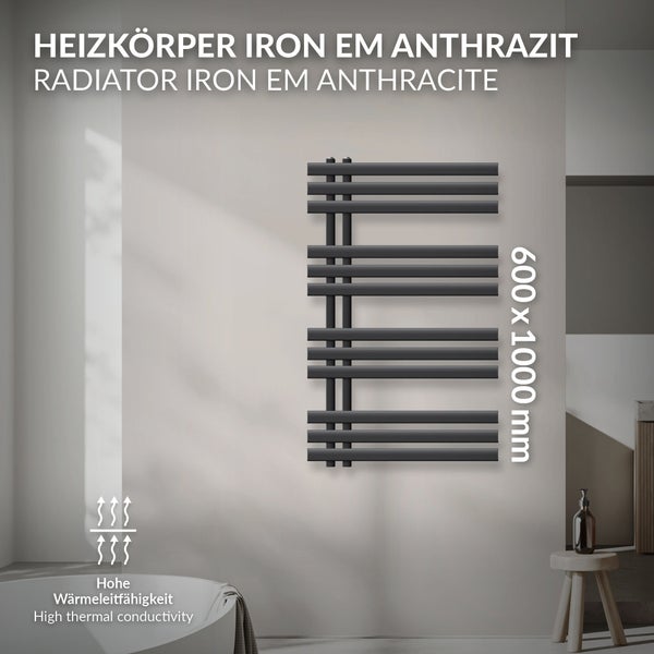 ECD Germany Iron EM Design Badheizkörper - 600 x 1000 mm - Anthrazit - Designheizkörper Paneelheizkörper Heizkörper Handtuchwärmer Handtuchtrockner Heizung Radiator
