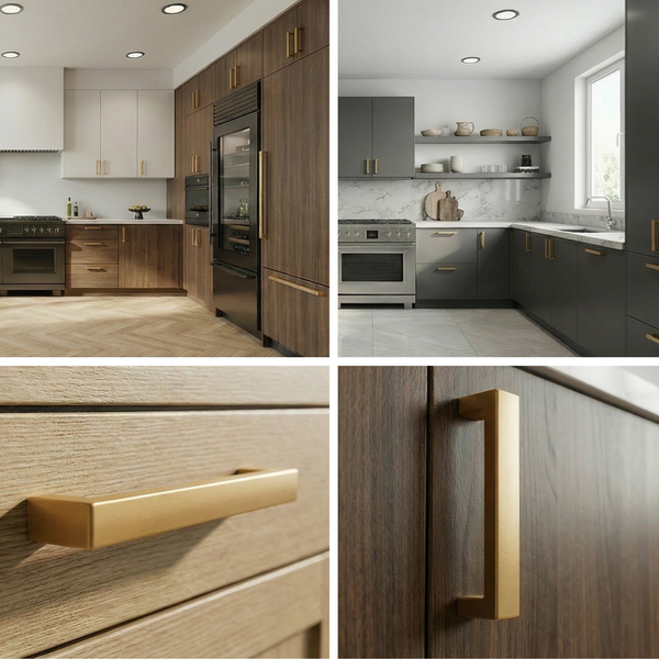 Küchenansicht mit Küchenschränken und goldenen Griffen