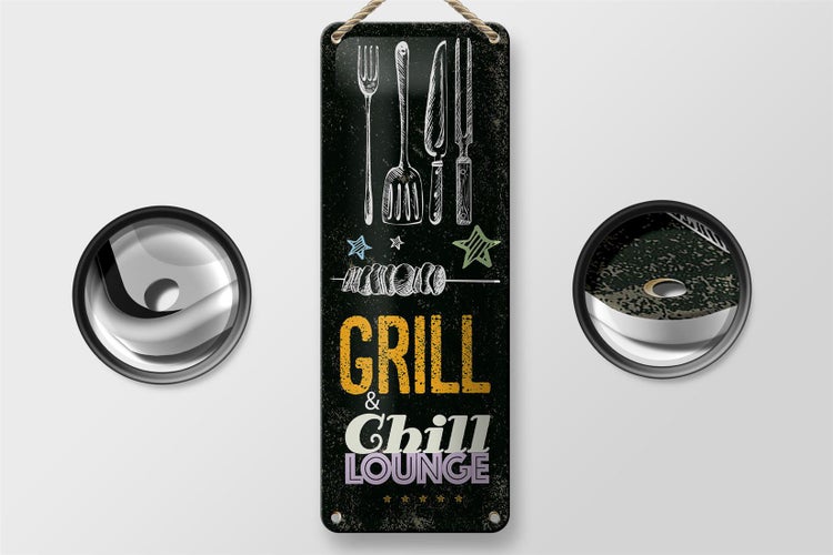 Blechschild Spruch Grill & Chill Fleisch Grillen 10x27cm Dekoration